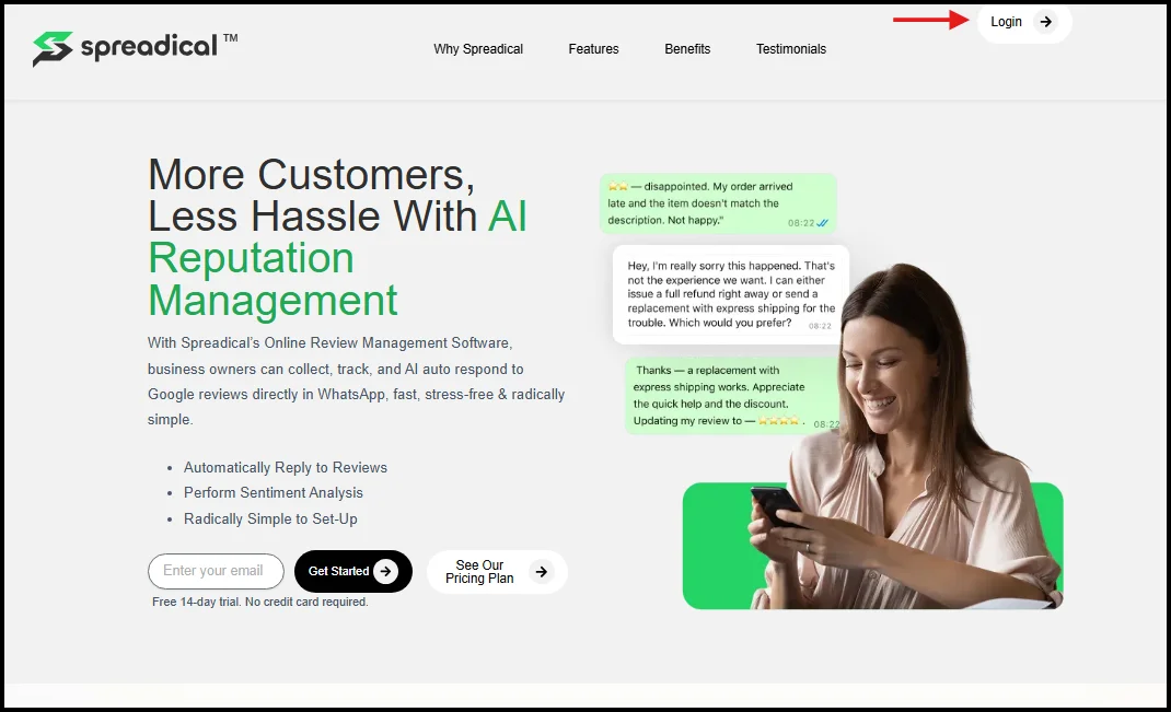 Access the Spreadical login page: Connecting Spreadical with WhatsApp Business