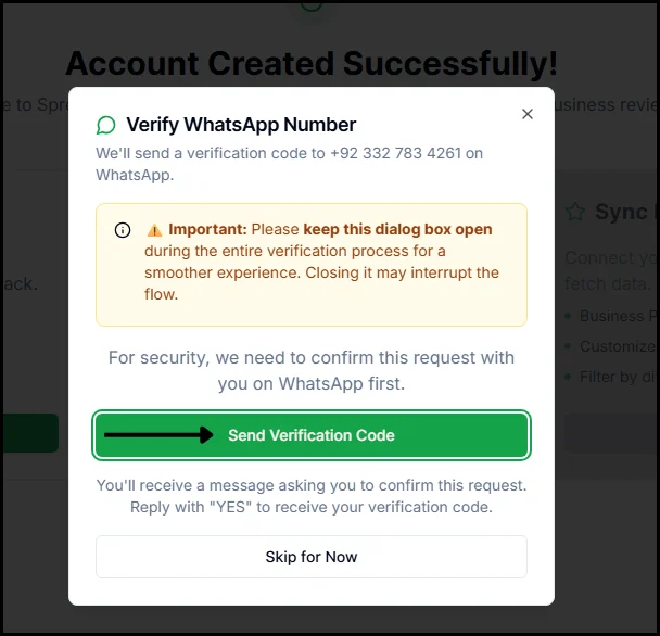 Step 6: Verify your WhatsApp number : connect Spreadical with WhatsApp Business
