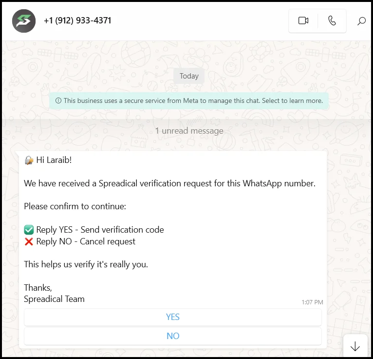 Step 7: Confirm verification on WhatsApp : connect Spreadical with WhatsApp Business